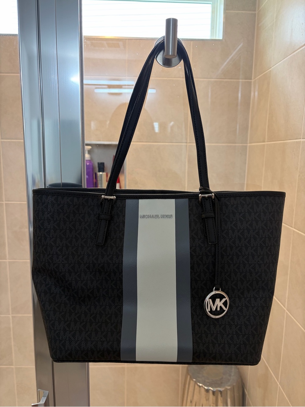 Michael Kors Black Tote with Grey Center Stripe